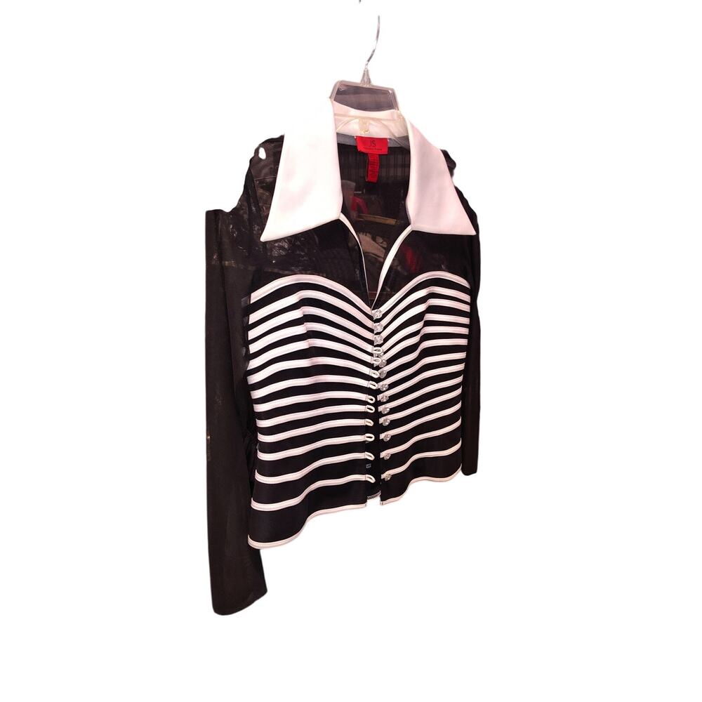 JS Collections black and white striped evening top.